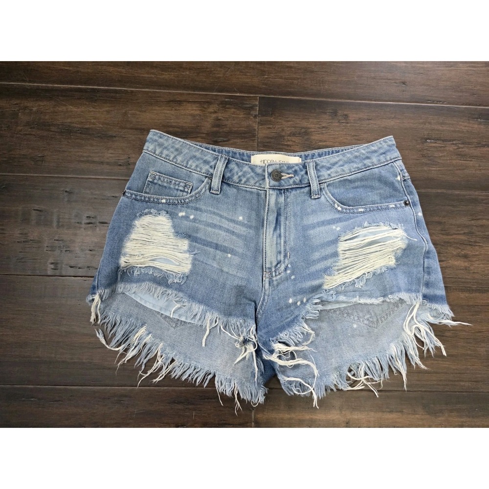 HIDDEN JEANS Denim Cut Off Shorts Size S 26 Blue Hi Rise Distressed Frayed